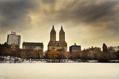 Upper West Side of New York seen from snowy Central Park